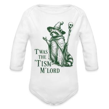 T'was The 'Tism M'Lord Raccoon Wizard - Organic Long Sleeve Baby Bodysuit - white - Front