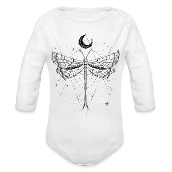 Drawing of a dragonfly in moonlight Boho style - Organic Long Sleeve Baby Bodysuit - white - Front