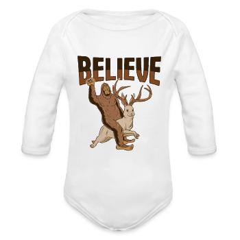 Cryptozoology Cryptid Design Bigfoot riding on - Organic Long Sleeve Baby Bodysuit - white - Front
