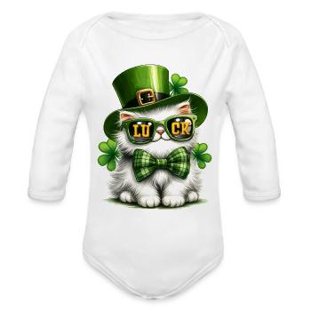 Lucky Charm Cat - Organic Long Sleeve Baby Bodysuit - white - Front