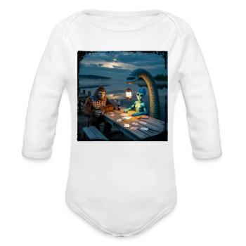 Cryptid Poker Night on Loch Ness - Bigfoot, - Organic Long Sleeve Baby Bodysuit - white - Front