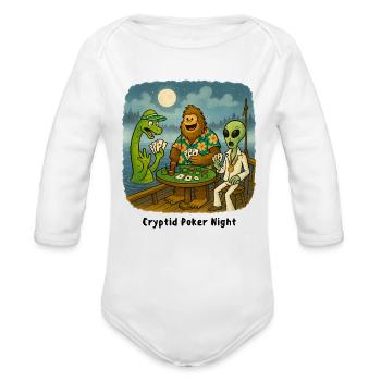 Bigfoot, Nessie and an Alien Play Poker - Cryptid - Organic Long Sleeve Baby Bodysuit - white - Front