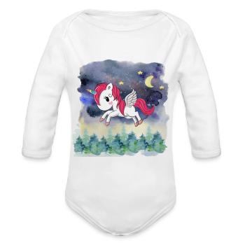 Licorne dans la forêt la nuit avec la forêt d’aquarelle - Cache-couche à manches longues bio - blanc - Devant