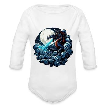 Mystical Dragon Breathing Water Under Moonlight - Organic Long Sleeve Baby Bodysuit - white - Front
