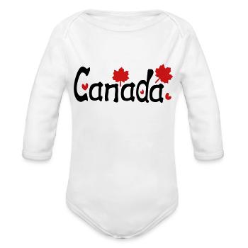 Canada txt maple leaves hearts - Organic Long Sleeve Baby Bodysuit - white - Front