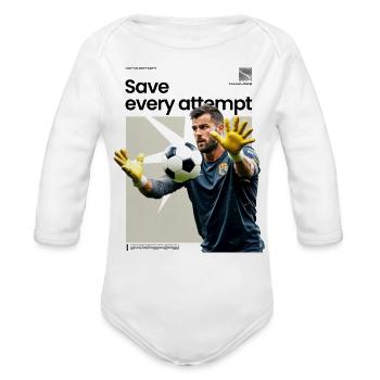 A goalkeeper saving a soccer ball design - Organic Long Sleeve Baby Bodysuit - white - Front