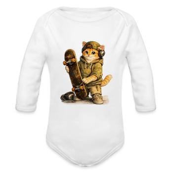 Kitty Skater in Hoodie and Headphones - Organic Long Sleeve Baby Bodysuit - white - Front