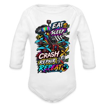 Eat Sleep Crash Repeat FPV Drone Shirt - Organic Long Sleeve Baby Bodysuit - white - Front