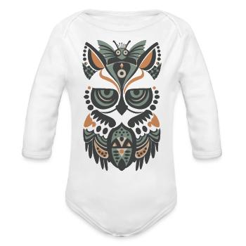 Owl and Insect Design - Organic Long Sleeve Baby Bodysuit - white - Front