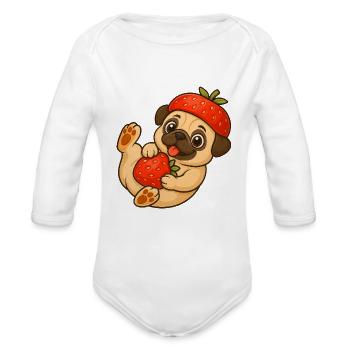 Cute pug with strawberries cartoon sweet fruity - Organic Long Sleeve Baby Bodysuit - white - Front