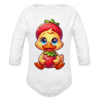 Cute Duck Strawberry Quirky Fruit Fruity - Organic Long Sleeve Baby Bodysuit - white - Front