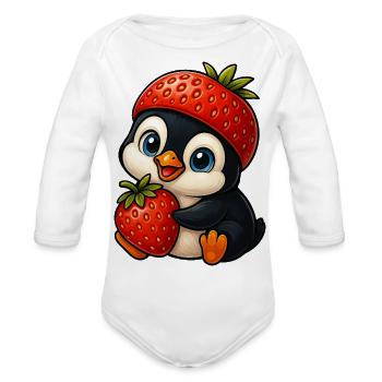 Funny penguin with strawberry hat fruity - Organic Long Sleeve Baby Bodysuit - white - Front