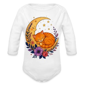 Moonlit Cat on Crescent Moon - Organic Long Sleeve Baby Bodysuit - white - Front