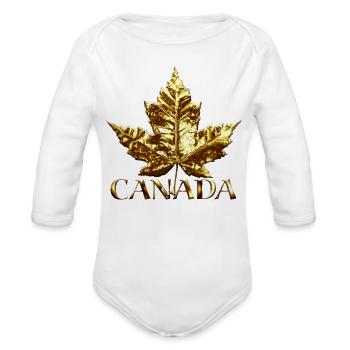 Gold Canada Maple Leaf Souvenir - Organic Long Sleeve Baby Bodysuit - white - Front