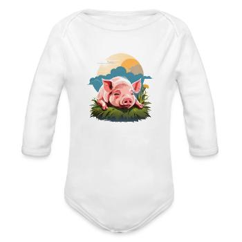 Pig sleeping on grass - Organic Long Sleeve Baby Bodysuit - white - Front