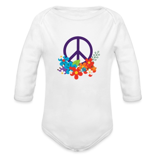 Hippie Peace Design With Flowers - Organic Long Sleeve Baby Bodysuit