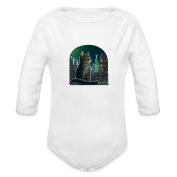 A talking cat. The cat is sitting on a windowsill. - Organic Long Sleeve Baby Bodysuit - white - Front