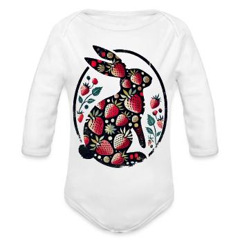 Strawberry Bloom Rabbit Silhouette - Organic Long Sleeve Baby Bodysuit - white - Front