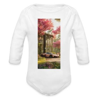 Pink Blossom Driveway Luxury Car - Organic Long Sleeve Baby Bodysuit - white - Front