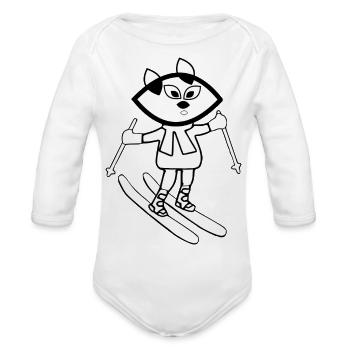 Black fractal cat skiing - Organic Long Sleeve Baby Bodysuit - white - Front