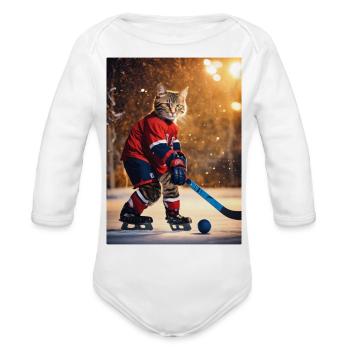 cats playing hockey - Organic Long Sleeve Baby Bodysuit - white - Front
