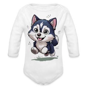 Happy Husky Romping In Grass - Organic Long Sleeve Baby Bodysuit - white - Front