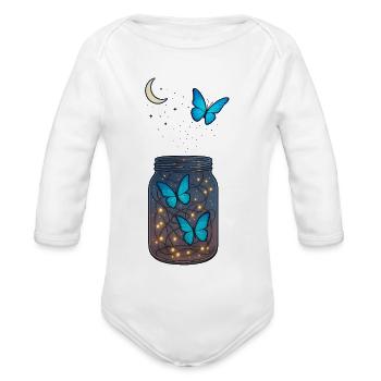 Magical Blue Butterflies in Jar with Moonlight - Organic Long Sleeve Baby Bodysuit - white - Front