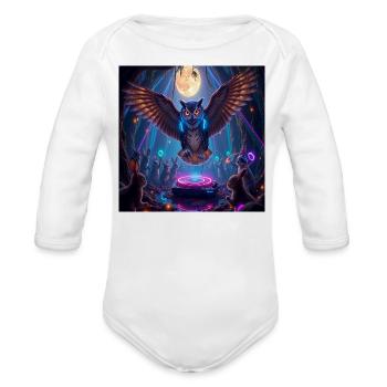 "Moonlight Rave: Owl Spins, Bunny Dances! 🎧🐇✨ - Organic Long Sleeve Baby Bodysuit - white - Front