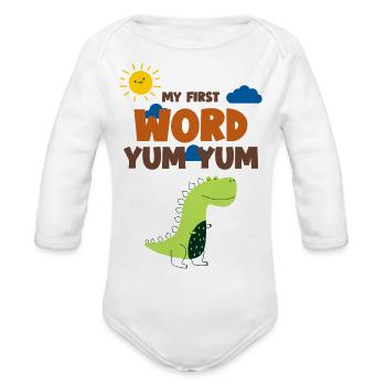 my first word yum yum - Organic Long Sleeve Baby Bodysuit - white - Front