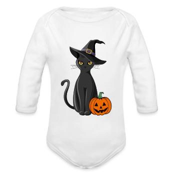 Midnight Witch Cat and Pumpkin - Organic Long Sleeve Baby Bodysuit - white - Front