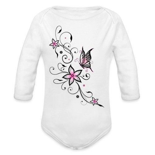 Filigree ornament with butterfly and flowers. - Organic Long Sleeve Baby Bodysuit