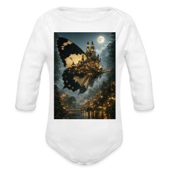 Majestic Butterfly City Under Moonlight – Surreal  - Organic Long Sleeve Baby Bodysuit - white - Front