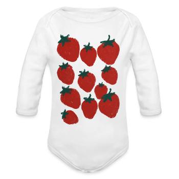 Red Strawberry Risograph Print Fruit Pattern Art - Organic Long Sleeve Baby Bodysuit - white - Front