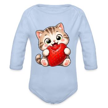 Cute cat cartoon with strawberries fruity summer - Organic Long Sleeve Baby Bodysuit - sky - Front