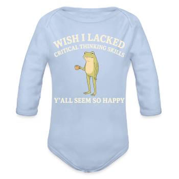 Frog Snark Coffee: Critical Thinking - Organic Long Sleeve Baby Bodysuit - sky - Front