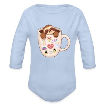 Sleepy Sloth in Cozy Mug Sticker Joy - Organic Long Sleeve Baby Bodysuit - sky - Front