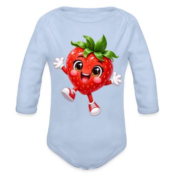 Strawberry Kawaii Cheer - Organic Long Sleeve Baby Bodysuit - sky - Front