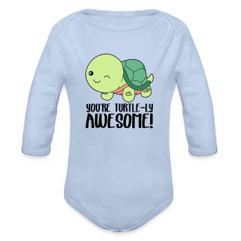 Winking Cute Turtle - You're turtle-ly awesome - Organic Long Sleeve Baby Bodysuit - sky - Front
