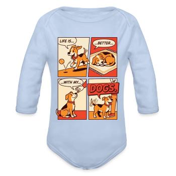 Puppy Comic: Life is better With Dogs - Organic Long Sleeve Baby Bodysuit - sky - Front