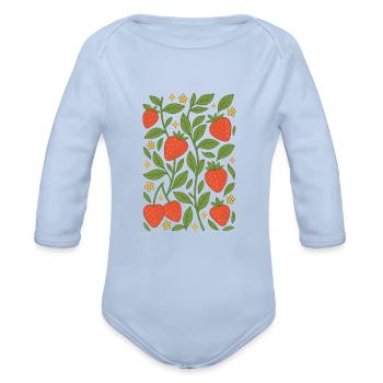 Strawberry Garden Pattern - Organic Long Sleeve Baby Bodysuit - sky - Front
