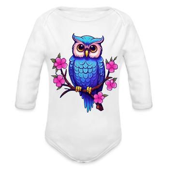 Fantasy Blue Owl on a Blossoming Branch - Organic Long Sleeve Baby Bodysuit -  - Front