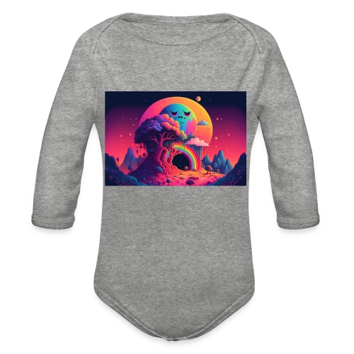 Sleepy Moon Over Forest Rainbow Portal - Organic Long Sleeve Baby Bodysuit