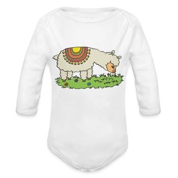Alpaca Eats Grass On A Meadow - Organic Long Sleeve Baby Bodysuit - heather grey - Front