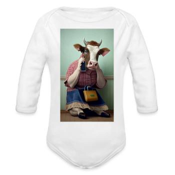 cow talking on the phone - Organic Long Sleeve Baby Bodysuit -  - Front