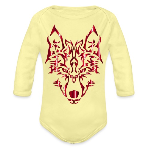 Crimson Symmetric Tribal Wolf No Background - Organic Long Sleeve Baby Bodysuit