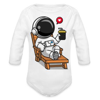 Cute Astronaut On Beach Bench With Juice Cartoon - Organic Long Sleeve Baby Bodysuit -  - Front