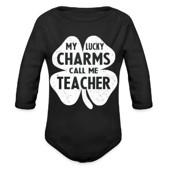 my lucky charms call teacher - Organic Long Sleeve Baby Bodysuit - black - Front