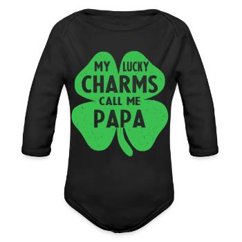 my lucky charms call me papa6 - Organic Long Sleeve Baby Bodysuit - black - Front
