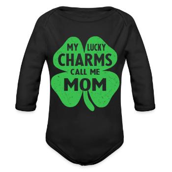 my lucky charms call me mom8 - Organic Long Sleeve Baby Bodysuit - black - Front