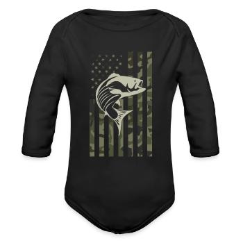 Vintage American Flag - Camo Fishing - Organic Long Sleeve Baby Bodysuit - black - Front